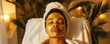 © NK - Woman relaxing with gold facial mask in spa, serene atmosphere. Beauty and self-care concept