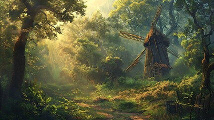 Windmill in a Misty Forest
