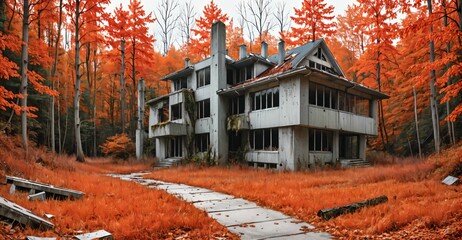 Wall Mural - abandoned house building in city in autumn fall. mansion with forest woods trees with orange red leaves empty old post apocalyptic town suburb.