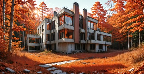 Wall Mural - abandoned house building in city in autumn fall. mansion with forest woods trees with orange red leaves empty old post apocalyptic town suburb.