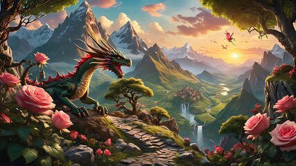 Wall Mural - Dragon on Mountains generated By AI  technology