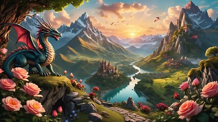 Wall Mural - Dragon on Mountains generated By AI  technology