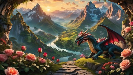 Wall Mural - Dragon on Mountains generated By AI  technology