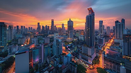 Wall Mural - Bangkok cityscape in the Rama 9 area during the evening, featuring skyscrapers and streets glowing in warm orange and pink hues.