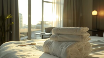 Canvas Print - Modern hotel bedroom interior with clean white bath towels stacked on bed sheet window in background