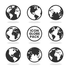 earth globe icon set. earth hemispheres with continents. world map in globe shape isolated on white 