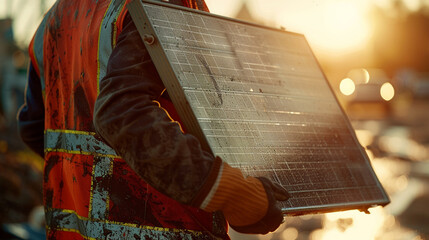  a man worker carrying a solar panel for installation, focused look, sunburnt skin, reflective vest, detailed gloves, vivid colors, high-definition textures, outdoor background, intricate solar panel 