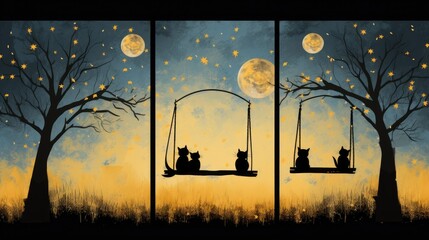 Canvas Print - A girl and her two cats sitting on the same swing