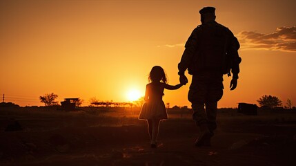 Wall Mural - Silhouette of soldier with little girl at sunset