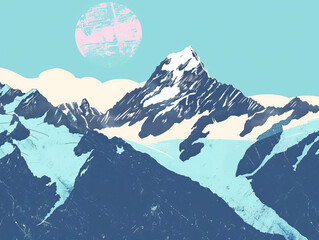 Risograph riso print travel poster, card, wallpaper banner illustration, modern, clear, simple of Mount Cook, South Island, New Zealand. Artistic, landmark printing, stencil backdrop background