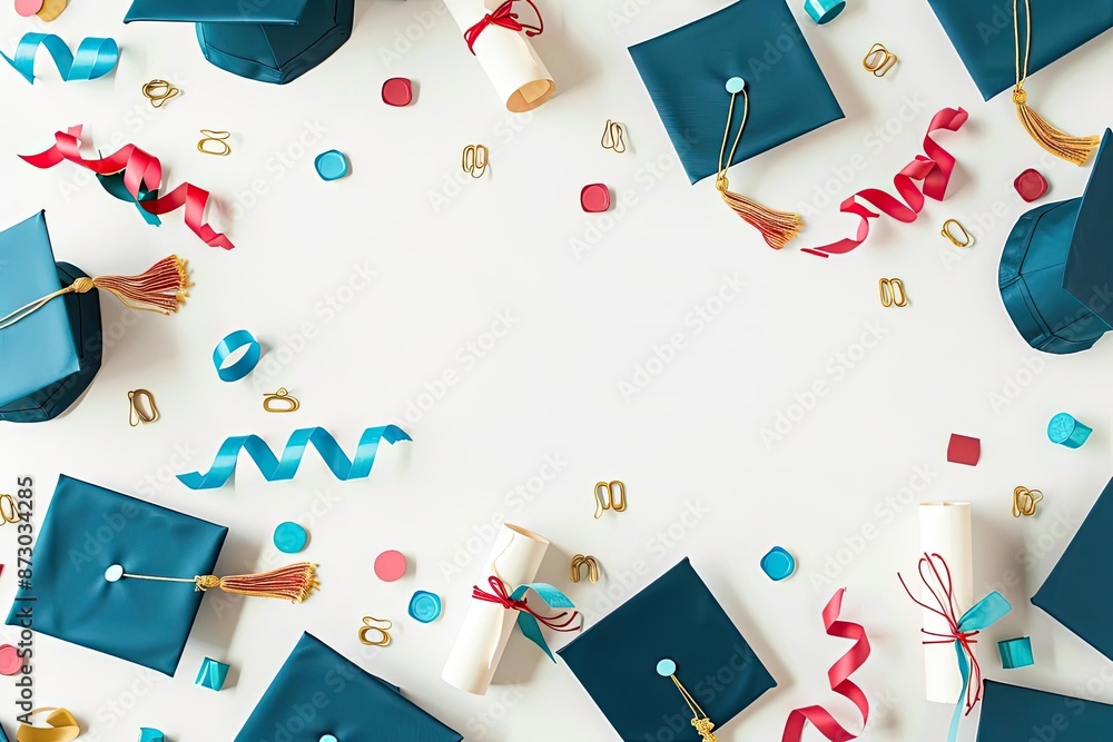 Graduation celebration background with caps, diplomas, and confetti ...