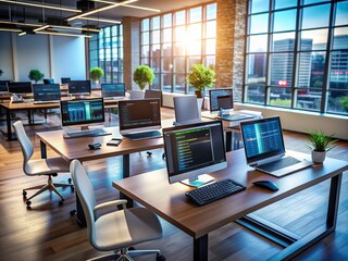 modern development environment with multiple screens, laptops, and devices displaying code, diagrams