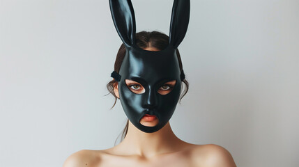 Sticker - Elegant woman in a silver bunny mask poses confidently in soft light, showcasing a stylish and mysterious look. The chic outfit and intriguing mask create a sophisticated and enigmatic atmosphere.