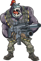 Sticker - Cartoon style gorilla in military gear holding assault rifle with grenade launcher