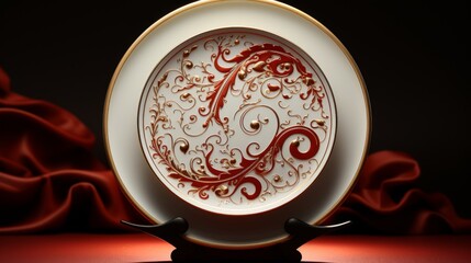 Elegant White Plate with Intricate Gold and Red Design