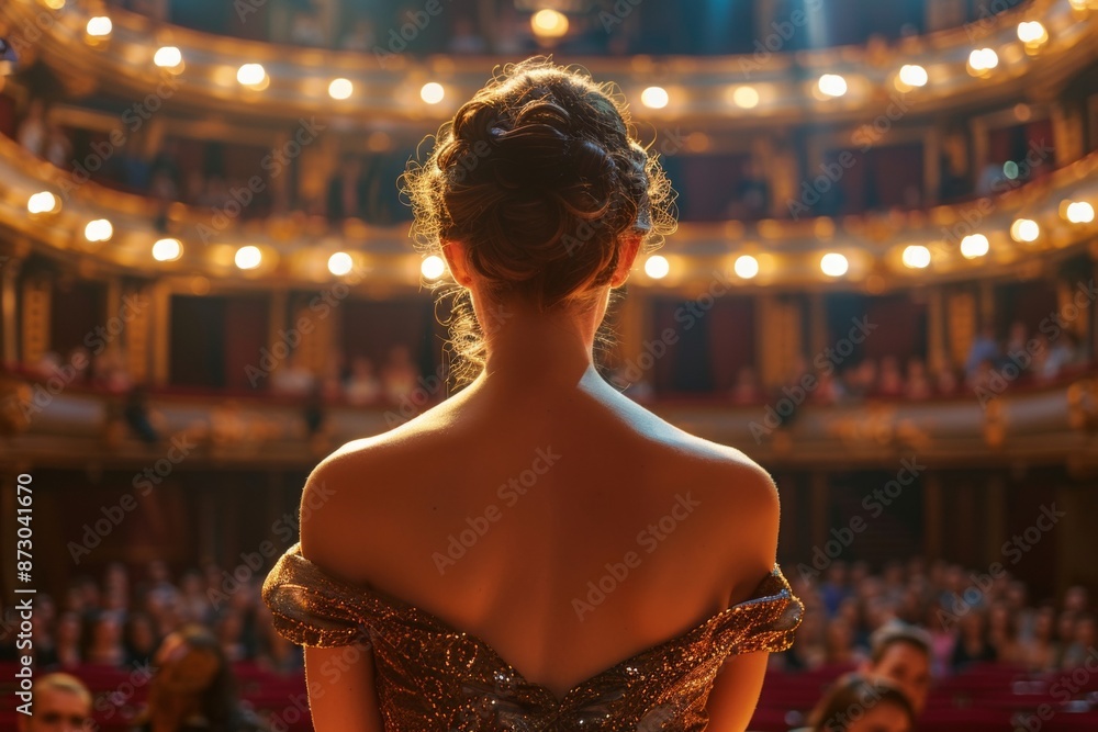 Opera Singer Theater an opera singer on stage, back to the camera with her head turned ...