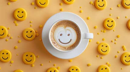 Wall Mural - A cup of coffee with a smile and coffee beans on the foam on an isolated background