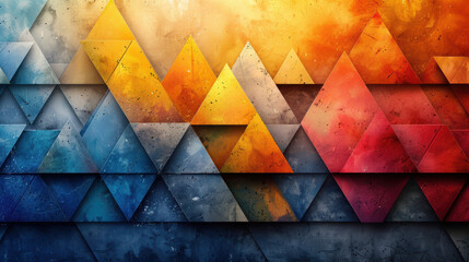 Wall Mural - A geometric pattern of triangles in various colors, including blue, orange, and red.