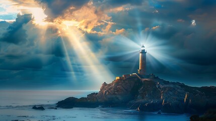 Poster - Lighthouse Standing Tall Against a Dramatic Sunset Sky, Beacon of Hope on a Rocky Island, Serene Ocean Waves