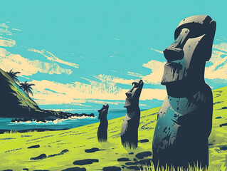 Wall Mural - Risograph riso print travel poster, card, wallpaper or banner illustration, modern, isolated, clear and simple of Rapa Nui National Park, Easter Island, Chile. Artistic, screen printing, stencil