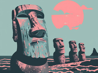 Sticker - Risograph riso print travel poster, card, wallpaper or banner illustration, modern, isolated, clear and simple of Rapa Nui National Park, Easter Island, Chile. Artistic, screen printing, stencil