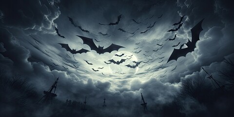 Spooky moon in cloudy sky with bats Halloween night