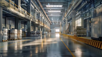 Poster - Modern Industrial Warehouse Interior with Sunlight