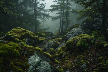 Wall Mural - Misty Dark Pine Forest with Mossy Rocks on the Ground, Captured with Sony Alpha A7 III, Evoking a Mysterious and Enchanting Atmosphere