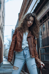 Wall Mural - Young woman in brown leather jacket and ripped jeans standing in an urban alley. Street fashion and modern lifestyle concept