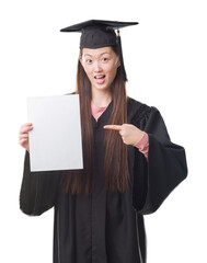 Wall Mural - Young Chinese woman wearing graduate uniform holding paper degree very happy pointing with hand and finger