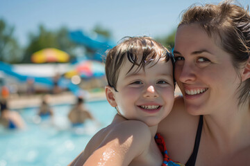 Mother and her son are having a fun day at the water park, enjoying the swimming pool and the summer sun