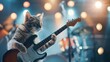 © Pingun - A cute cat playing an electric guitar on stage with bokeh lights in the background, creating a fun and lively atmosphere.