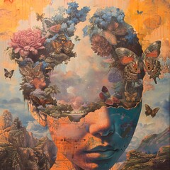 Poster - Abstract Portrait with Butterflies and Nature