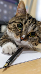 Wall Mural - A cat is laying on a desk with a pen in front of it