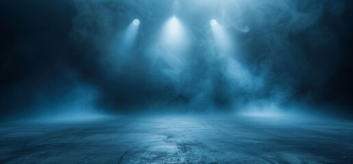 Large Laser Blue Dark Night Warehouse Tunnel Corridor Concrete Garage Grunge Sci Fi Futuristic Underground Showcase Parking Empty 3D Rendering