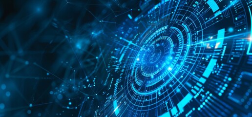 The background is abstract technology with hi-tech digital interface infographics and binary codes