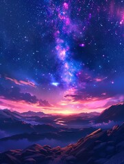 Wall Mural - A majestic night sky ablaze with stars over a serene mountain lake, blending into a vibrant sunset horizon.