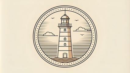 line art lighthouse logo tower in circle frame vector illustration design