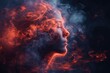 © Ai-Pixel - A captivating surreal portrait of a woman's face surrounded by vibrant red smoke and dark background, emanating mystery and emotion.