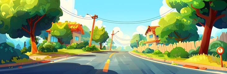 Wall Mural - A cartoonish drawing of a street with houses and trees