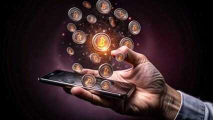 hand holding a smartphone with a glowing cryptocurrency exchange interface