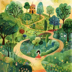 Wall Mural - A woman is walking down a path in a lush green forest. The path is lined with trees and bushes, and there are several birds flying overhead. The scene is peaceful and serene, with a sense of calm