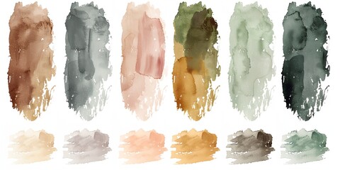 Wall Mural - A set of watercolor paint colors, including brown, green, and pink. The colors are arranged in a row, with the brown color on the left and the pink color on the right