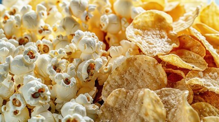 Canvas Print - A close-up, low angle view of an array of salty butter popcorn and sweet caramel popcorn intermixed with classic plain potato chips, all set against a pristine white background.