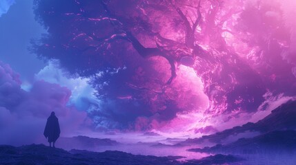 Wall Mural - A person stands in front of a large pink tree