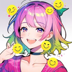 Wall Mural - Anime style illustration of a girl's face smiling. yellow emoji