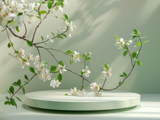 Green spring mockup, product display podium, bloom branches.