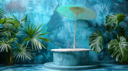 Wall Mural - Tropical Scene with Blue Umbrella and Wooden Platform