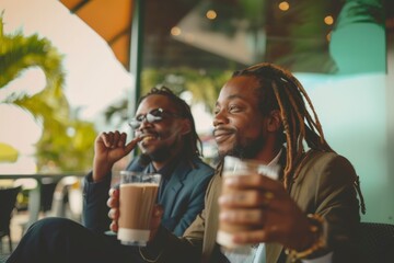 Two stylish young men relaxing and enjoying coffee together at a cafe