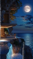 Wall Mural - A beautiful house with a waterfall and a large moon in the sky generated by AI